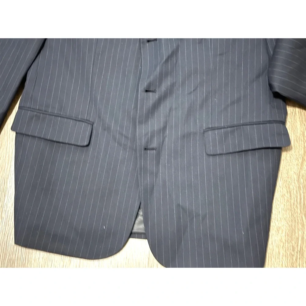 Merona 44R 2PC Suit Blazer Men Pants 36x30 Poly Blend Deep Navy Blue Gray Stripe